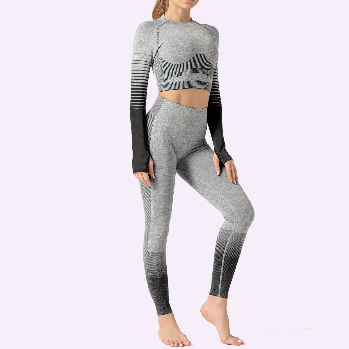 Women's Seamless Ombre Long Sleeve Crop Top and Leggings Yoga Set - Impact Core Fitness