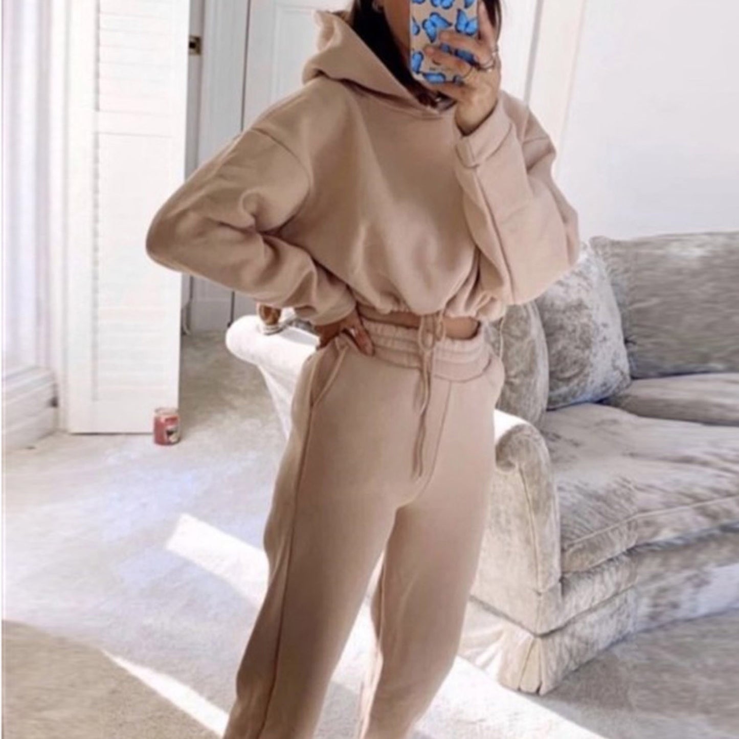 Women's Casual Fleece Cropped Hoodie and Joggers Sweatshirt Lounge Set - Impact Core Fitness