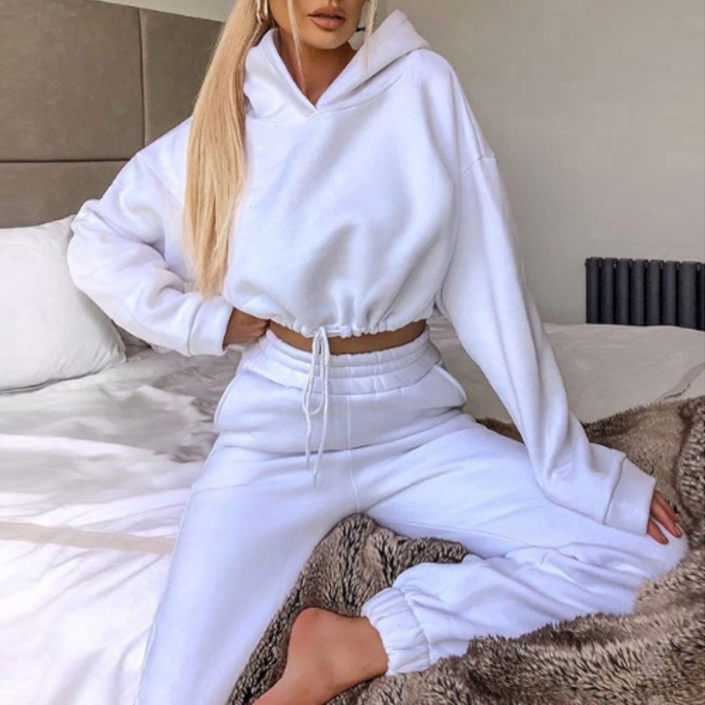 Women's Casual Fleece Cropped Hoodie and Joggers Sweatshirt Lounge Set - Impact Core Fitness