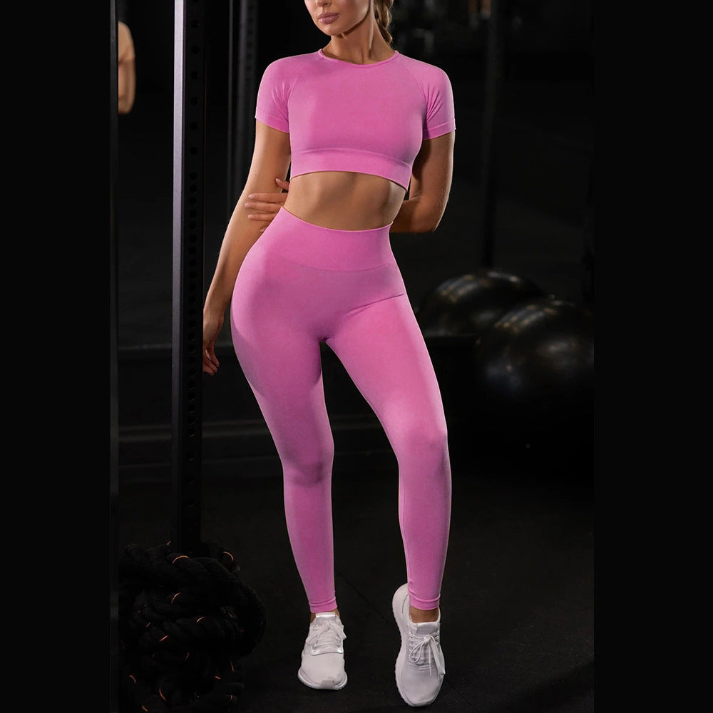 Women's Seamless Ribbed Short Sleeve Crop Top and Leggings Gym Set - Impact Core Fitness