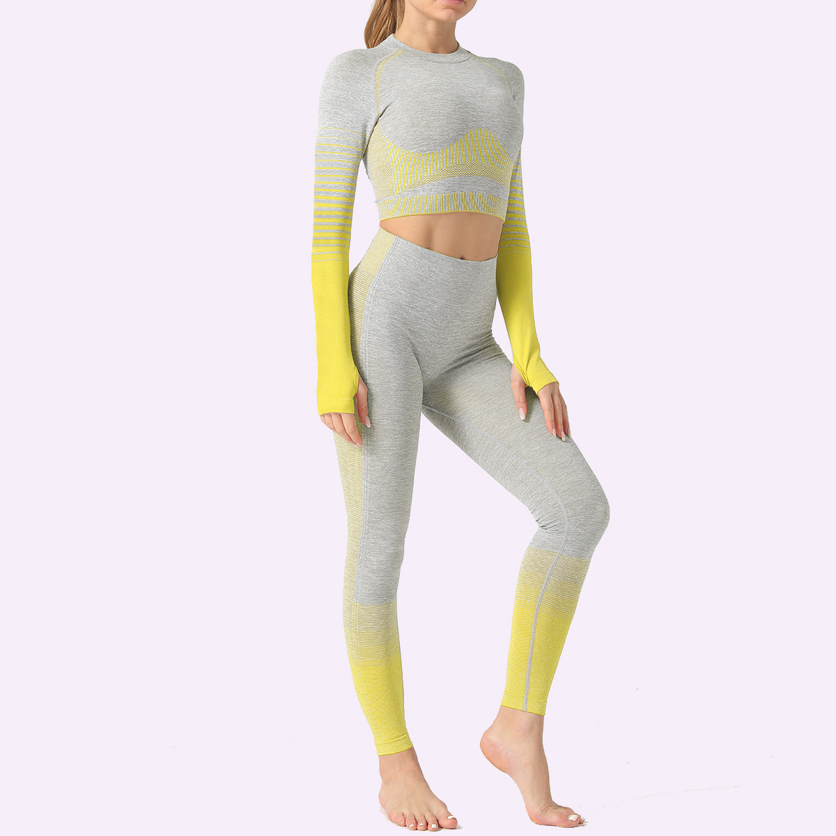 Women's Seamless Ombre Long Sleeve Crop Top and Leggings Yoga Set - Impact Core Fitness