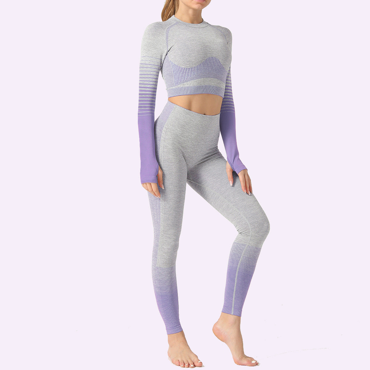 Women's Seamless Ombre Long Sleeve Crop Top and Leggings Yoga Set - Impact Core Fitness