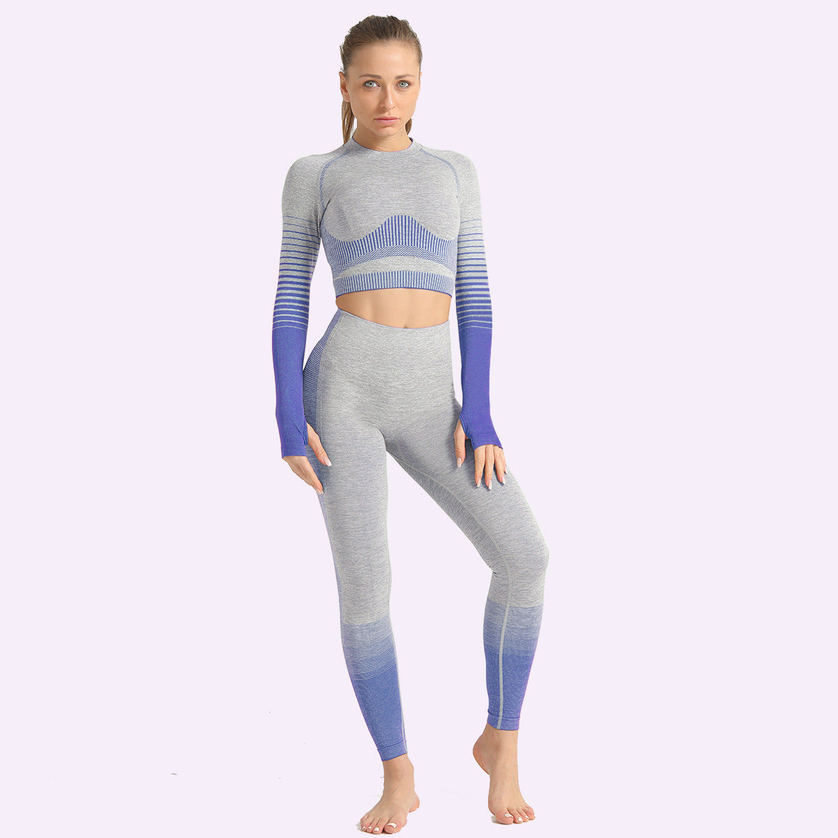 Women's Seamless Ombre Long Sleeve Crop Top and Leggings Yoga Set - Impact Core Fitness