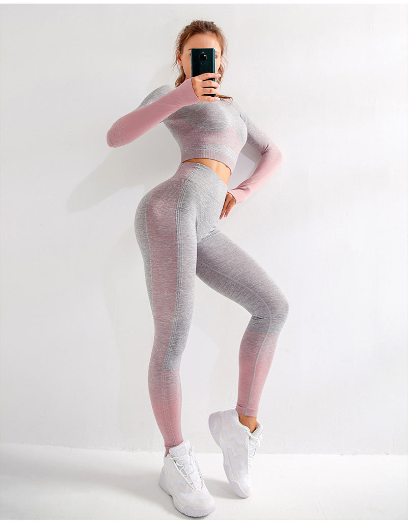 Women's Seamless Ombre Long Sleeve Crop Top and Leggings Yoga Set - Impact Core Fitness