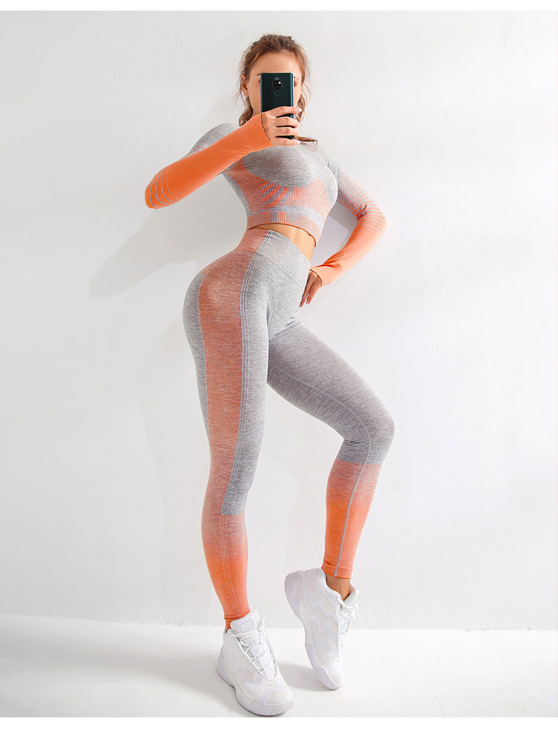 Women's Seamless Ombre Long Sleeve Crop Top and Leggings Yoga Set - Impact Core Fitness