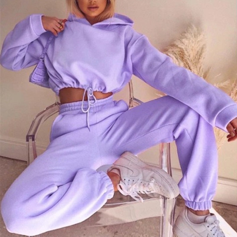 Women's Casual Fleece Cropped Hoodie and Joggers Sweatshirt Lounge Set - Impact Core Fitness