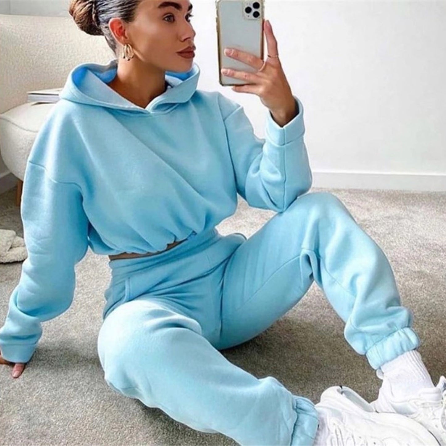 Women's Casual Fleece Cropped Hoodie and Joggers Sweatshirt Lounge Set - Impact Core Fitness
