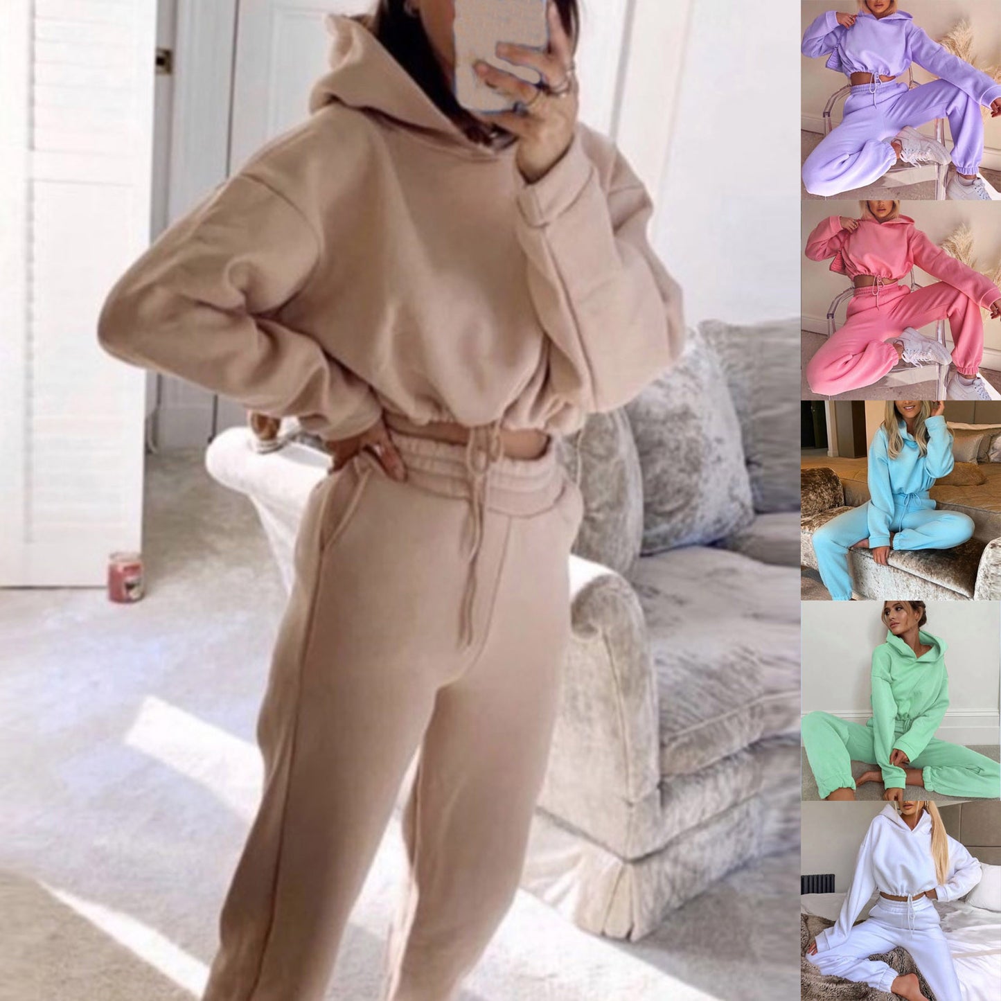 Women's Casual Fleece Cropped Hoodie and Joggers Sweatshirt Lounge Set - Impact Core Fitness