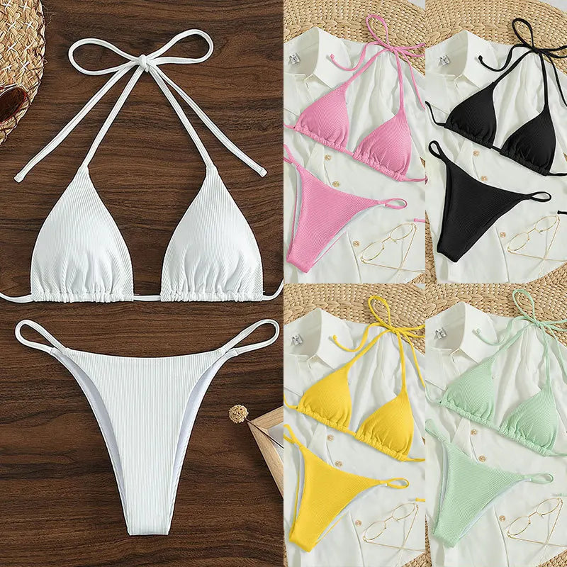Adjustable Halter Triangle Top & Multi-Tie Bikini Bottom Swimsuit Set - Impact Core Fitness
