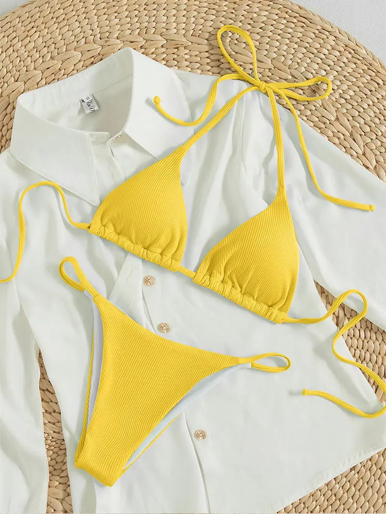 Adjustable Halter Triangle Top & Multi-Tie Bikini Bottom Swimsuit Set - Impact Core Fitness