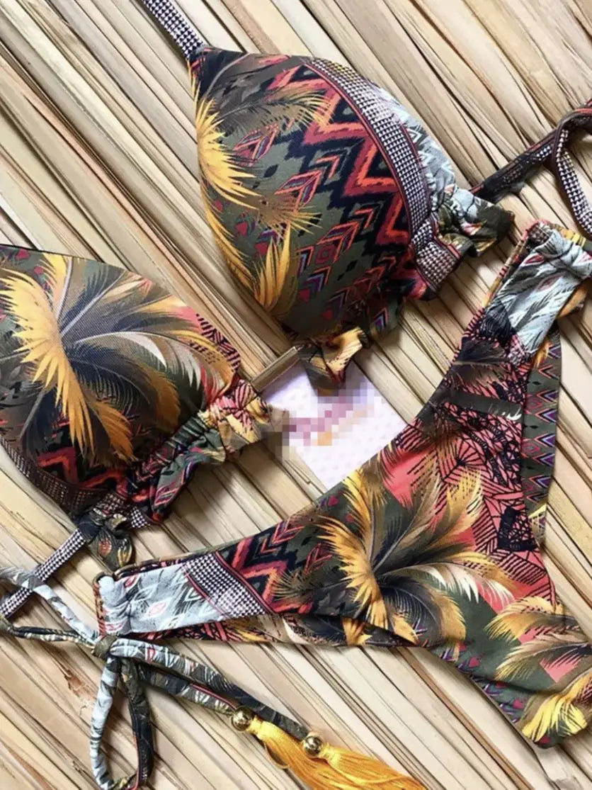 Exotic Print Adjustable Triangle Top & Tie Side Bikini Bottom Set - Impact Core Fitness