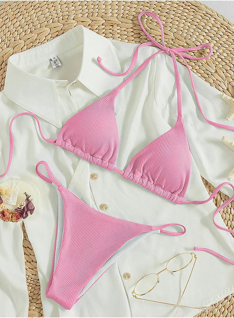 Adjustable Halter Triangle Top & Multi-Tie Bikini Bottom Swimsuit Set - Impact Core Fitness