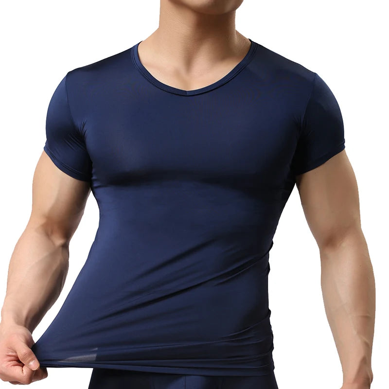 Men's Sheer Undershirts Man Ice Silk Mesh See through Basics Shirts Sexy Fitness Bodybuilding Underwear - Impact Core Fitness