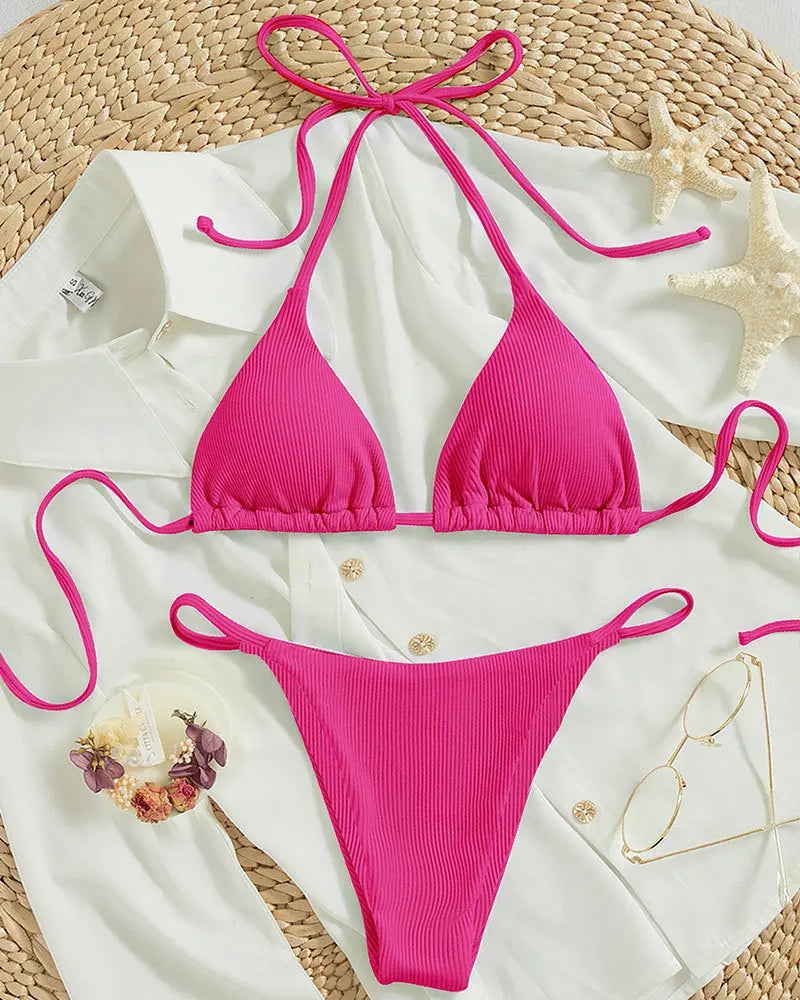 Adjustable Halter Triangle Top & Multi-Tie Bikini Bottom Swimsuit Set - Impact Core Fitness