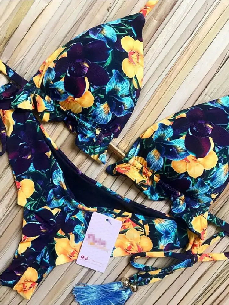 Exotic Print Adjustable Triangle Top & Tie Side Bikini Bottom Set - Impact Core Fitness