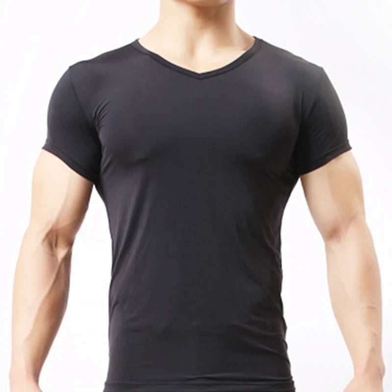 Men's Sheer Undershirts Man Ice Silk Mesh See through Basics Shirts Sexy Fitness Bodybuilding Underwear - Impact Core Fitness