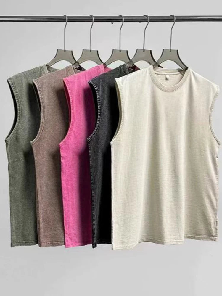 Summer Men's Washed Cotton Tank Tops Muscle Gym Sleeveless Workout T Shirts Running Beach Loose Cutoff Tees - Impact Core Fitness