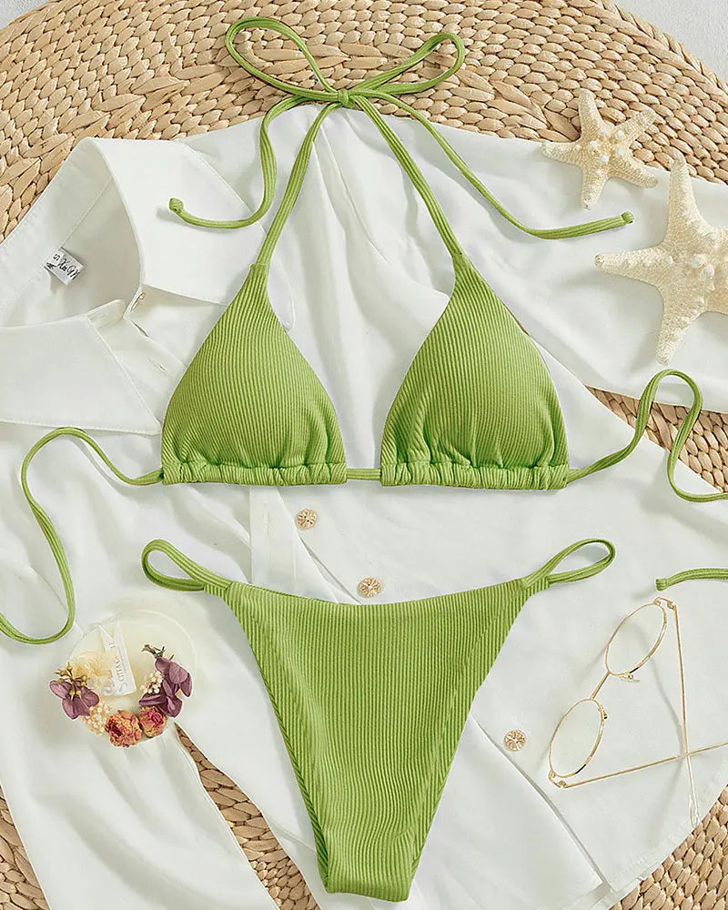 Adjustable Halter Triangle Top & Multi-Tie Bikini Bottom Swimsuit Set - Impact Core Fitness