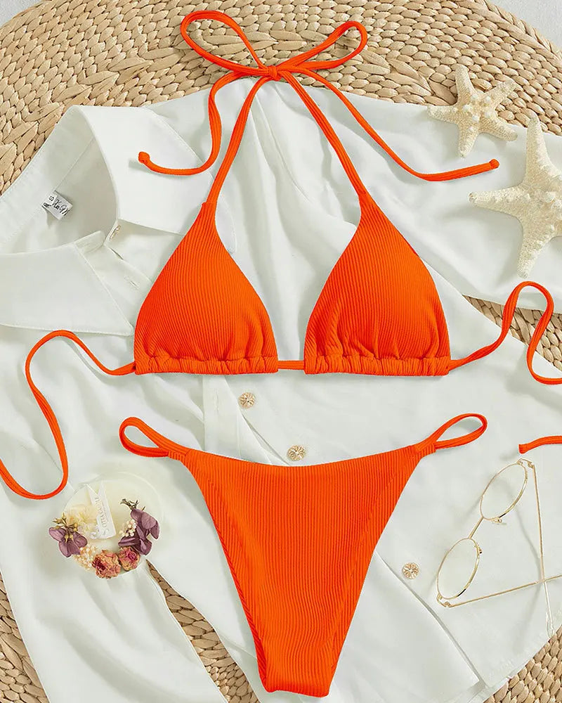 Adjustable Halter Triangle Top & Multi-Tie Bikini Bottom Swimsuit Set - Impact Core Fitness