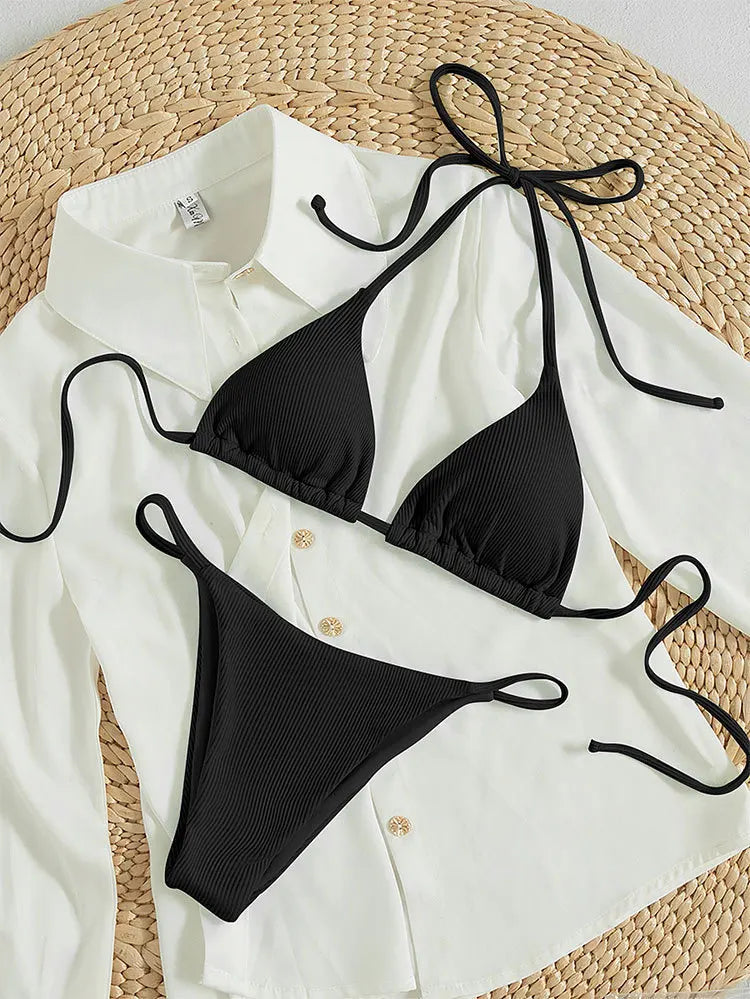 Adjustable Halter Triangle Top & Multi-Tie Bikini Bottom Swimsuit Set - Impact Core Fitness