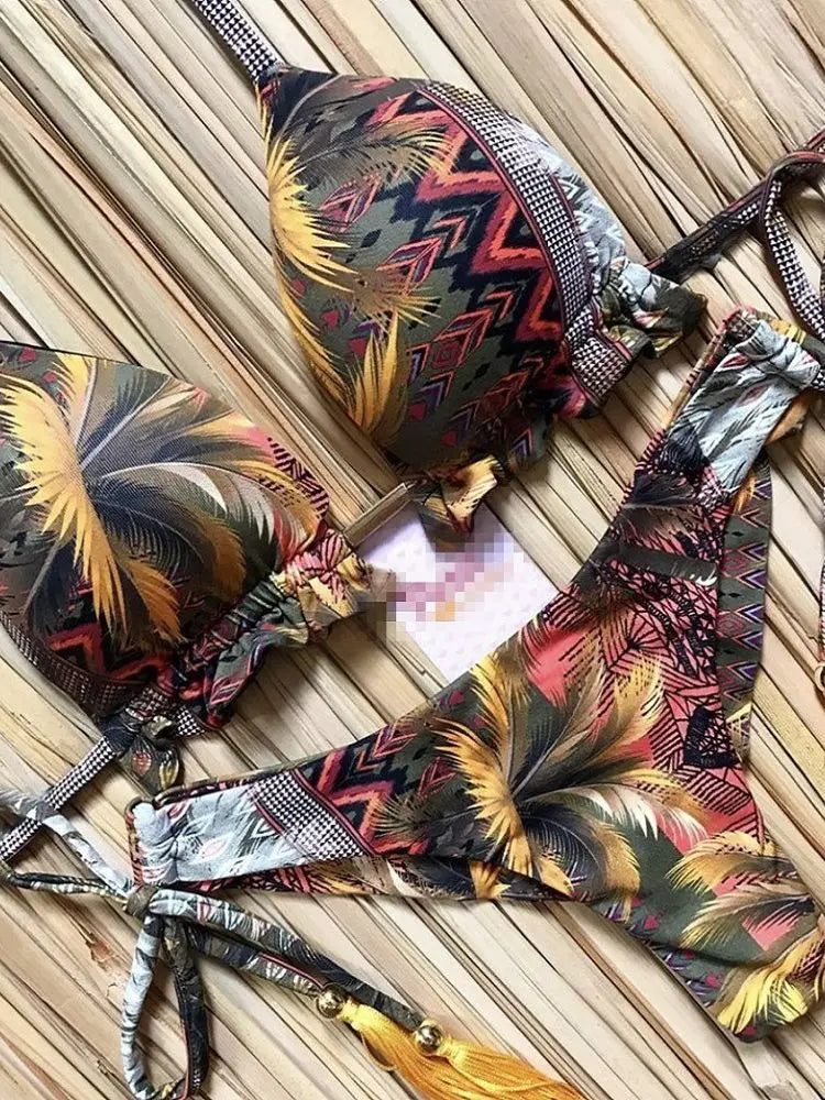 Exotic Print Adjustable Triangle Top & Tie Side Bikini Bottom Set - Impact Core Fitness