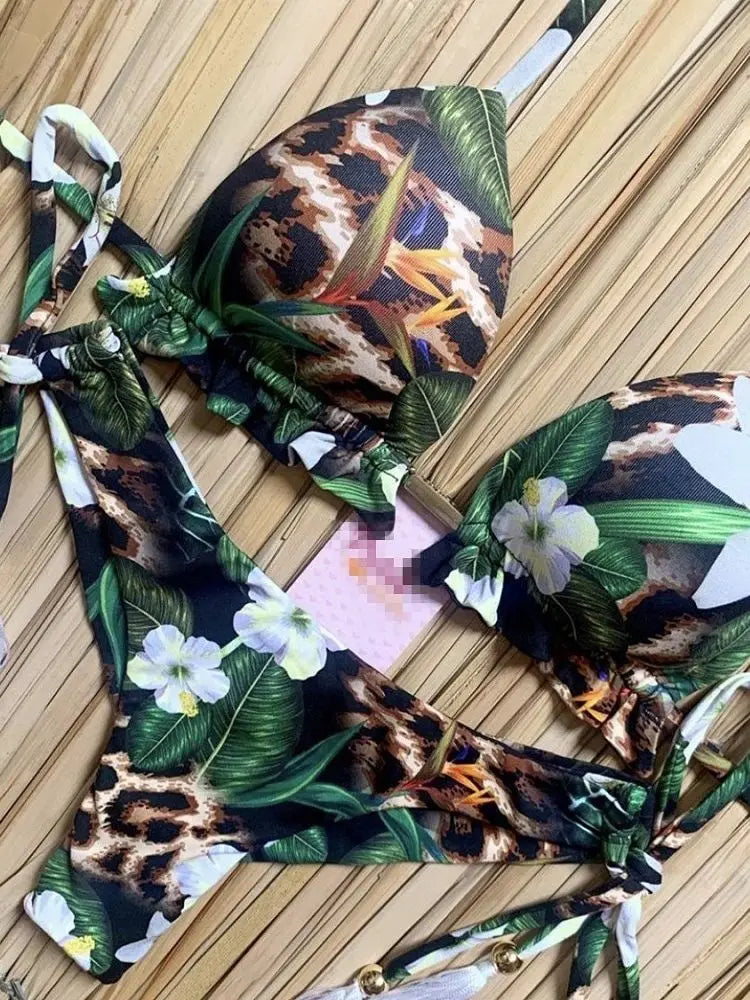 Exotic Print Adjustable Triangle Top & Tie Side Bikini Bottom Set - Impact Core Fitness