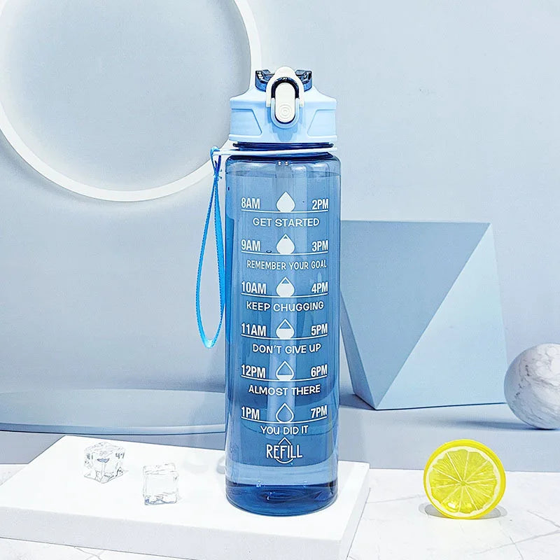 1L Sports Water Bottle with Time Marker & Straw Leakproof Flip Top Cap