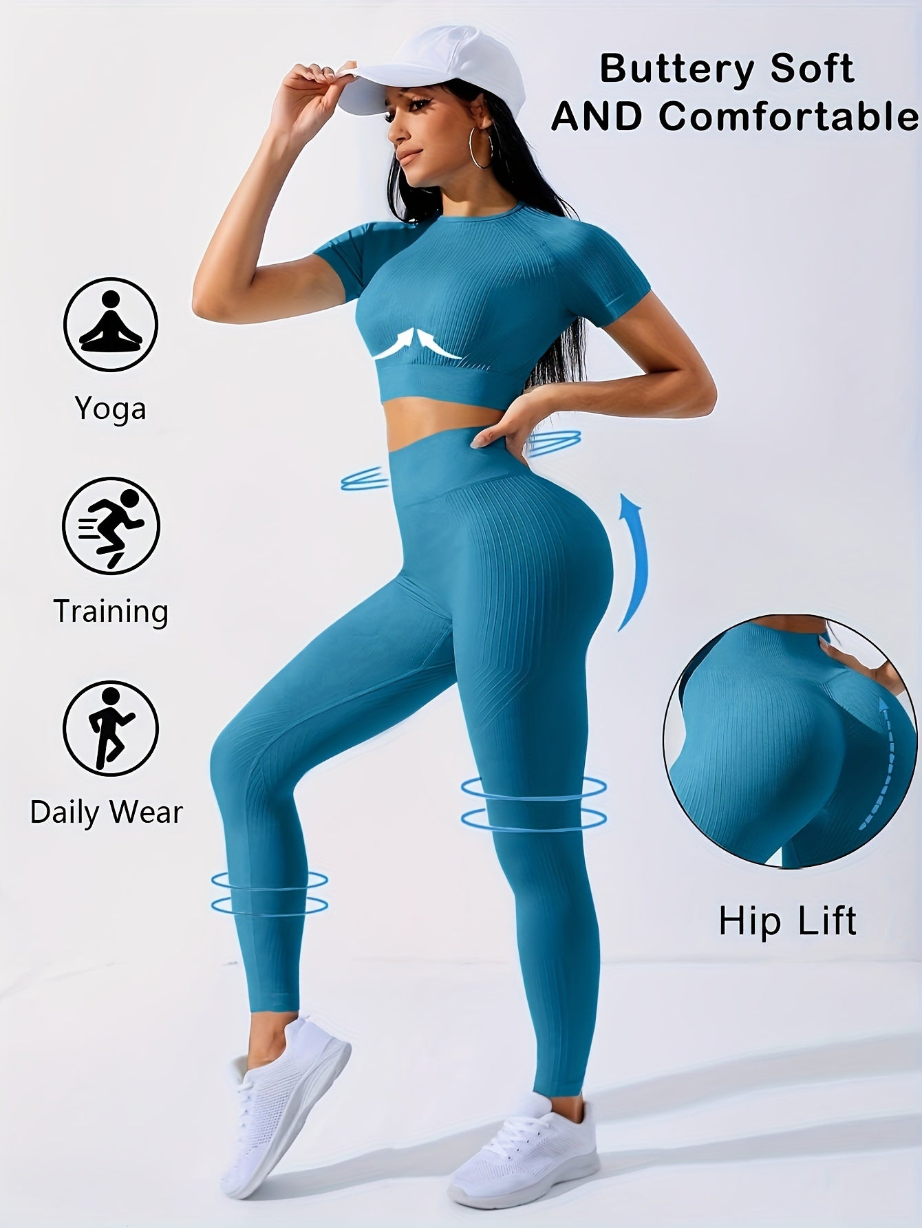 2-Piece Seamless Gym Set Short Sleeve Crop Top & High Waisted Leggings