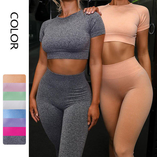 Women's Seamless Ribbed Short Sleeve Crop Top and Leggings Gym Set - Impact Core Fitness