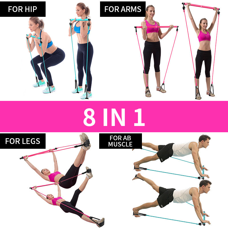 8 In 1 Portable Yoga Pilates Bar Kit Resistance Band Chest Expander Puller Home Gym Full Body Fitness System - Impact Core Fitness