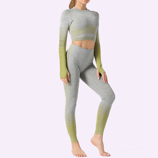 Women's Seamless Ombre Long Sleeve Crop Top and Leggings Yoga Set - Impact Core Fitness