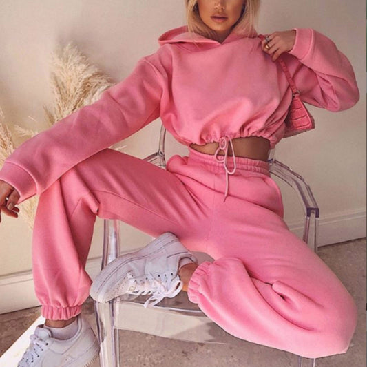 Women's Casual Fleece Cropped Hoodie and Joggers Sweatshirt Lounge Set - Impact Core Fitness