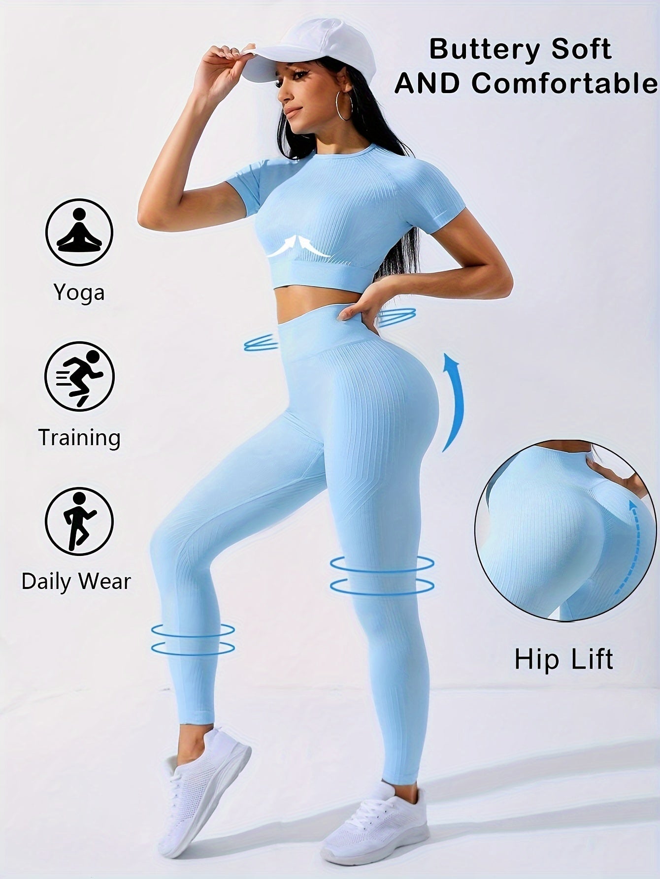 2-Piece Seamless Gym Set Short Sleeve Crop Top & High Waisted Leggings