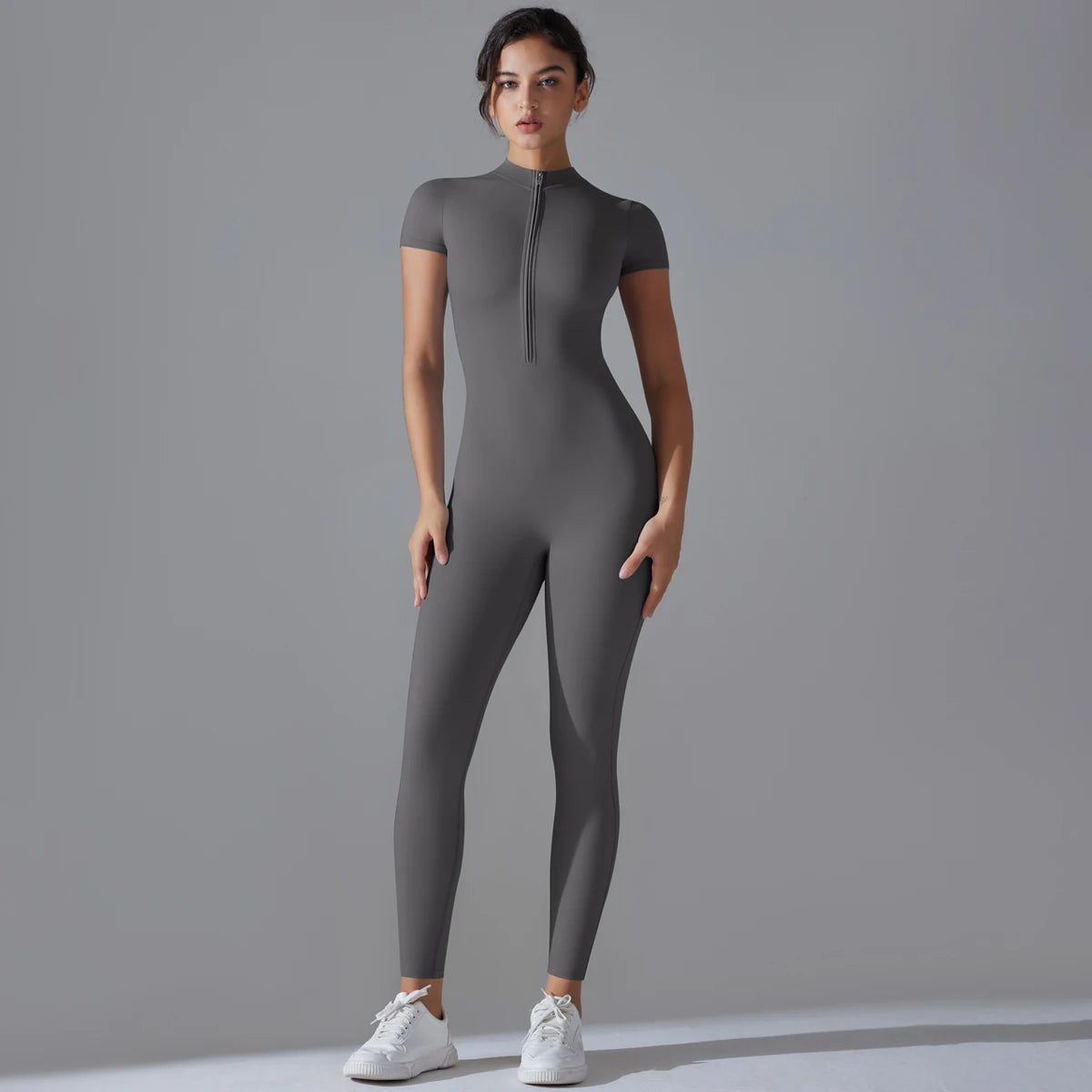 Women's Seamless Ribbed Bodysuit Short Sleeve Zipper Yoga Jumpsuit - Impact Core Fitness
