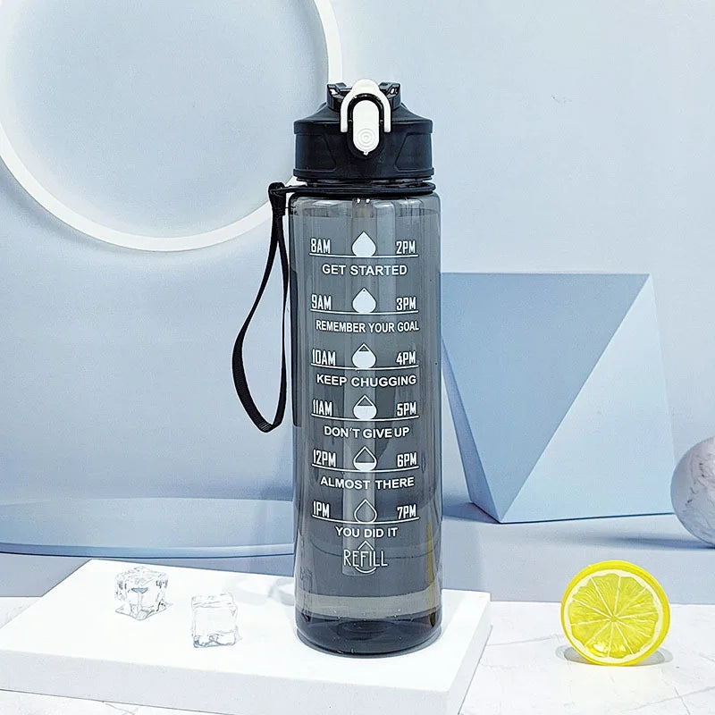 1L Sports Water Bottle with Time Marker & Straw Leakproof Flip Top Cap