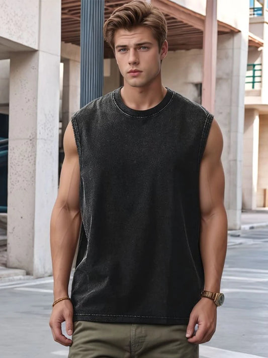 Summer Men's Washed Cotton Tank Tops Muscle Gym Sleeveless Workout T Shirts Running Beach Loose Cutoff Tees - Impact Core Fitness