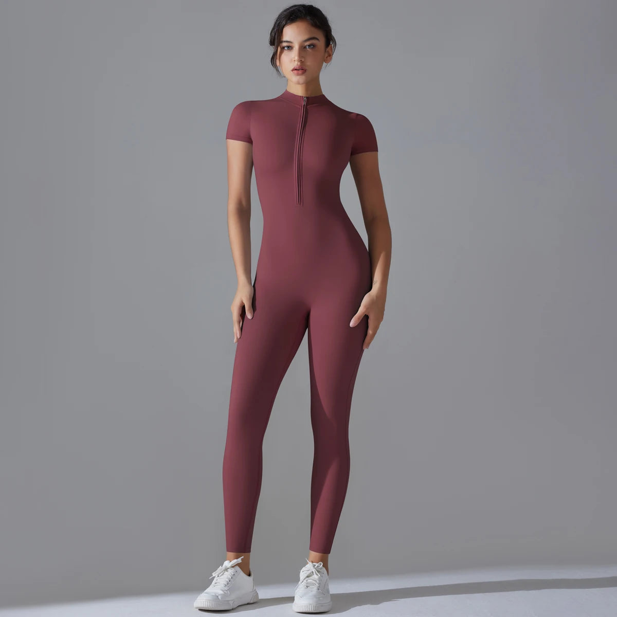 Women's Seamless Ribbed Bodysuit Short Sleeve Zipper Yoga Jumpsuit - Impact Core Fitness