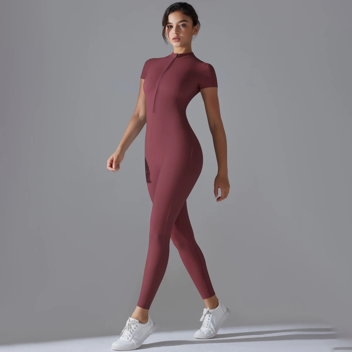 Women's Seamless Ribbed Bodysuit Short Sleeve Zipper Yoga Jumpsuit - Impact Core Fitness