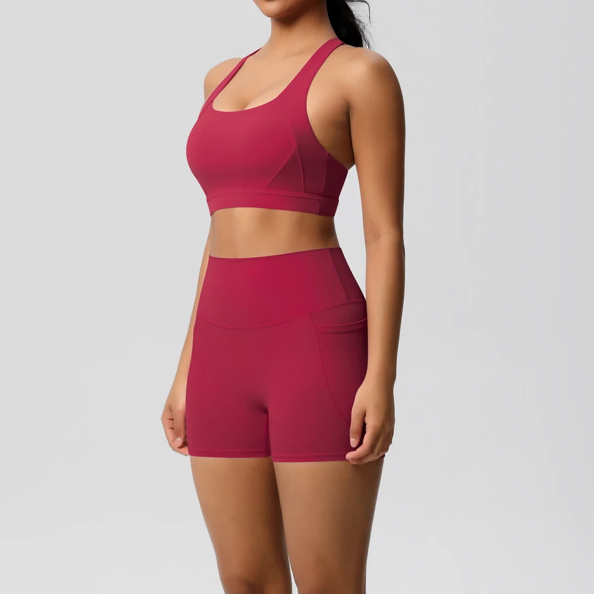 2 Piece Yoga Set Criss-Cross Sports Bra & High Waisted Pocket Shorts - Impact Core Fitness