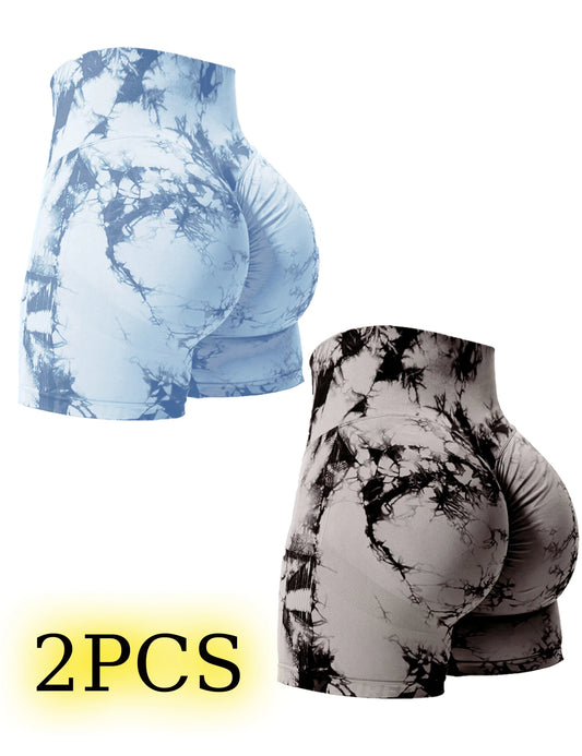 High Waist Tie Dye Scrunch Butt Booty Shorts for Women (2PCS) - Impact Core Fitness