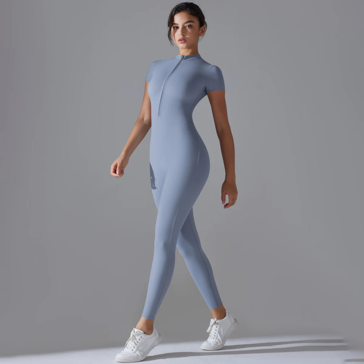 Women's Seamless Ribbed Bodysuit Short Sleeve Zipper Yoga Jumpsuit - Impact Core Fitness