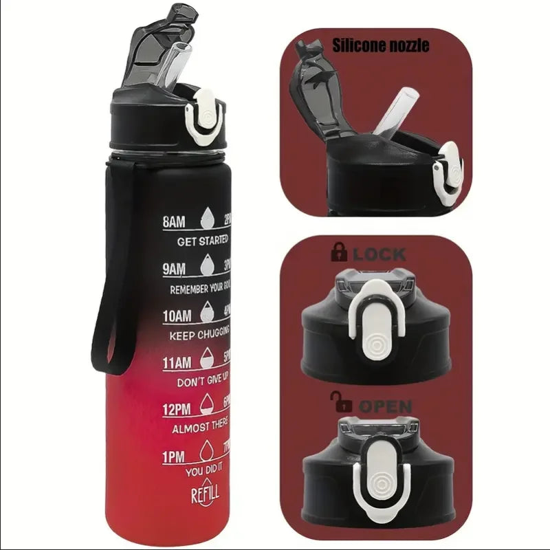 1L Sports Water Bottle with Time Marker & Straw Leakproof Flip Top Cap