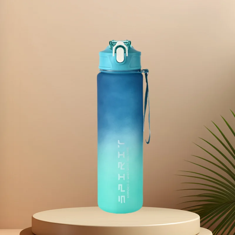 1L Sports Water Bottle with Time Marker & Straw Leakproof Flip Top Cap