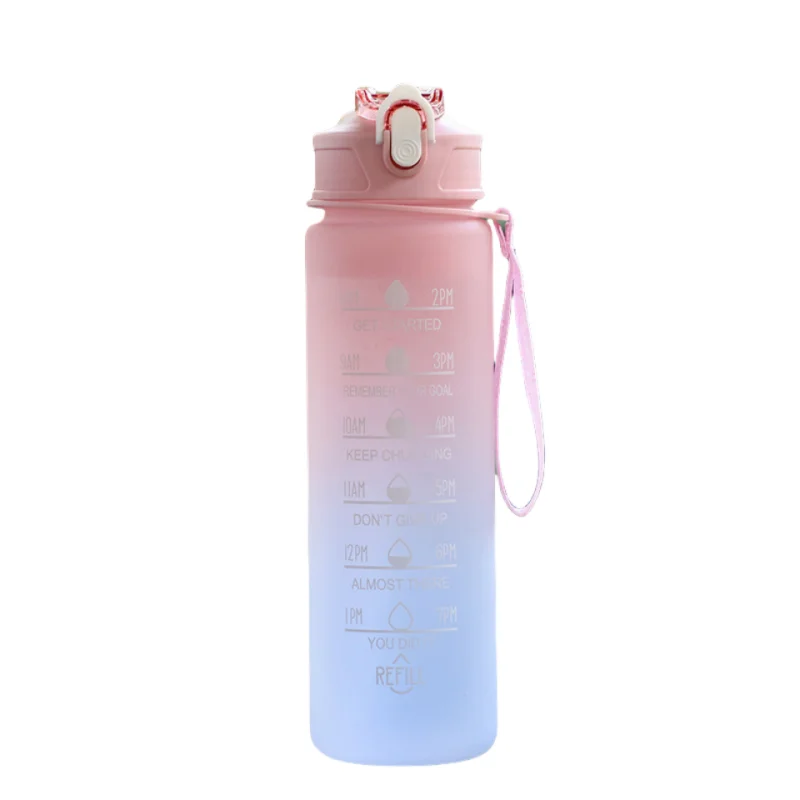 1L Sports Water Bottle with Time Marker & Straw Leakproof Flip Top Cap