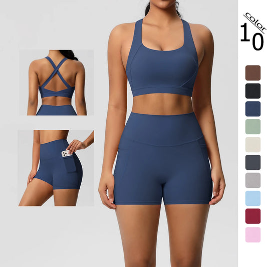 2 Piece Yoga Set Criss-Cross Sports Bra & High Waisted Pocket Shorts - Impact Core Fitness