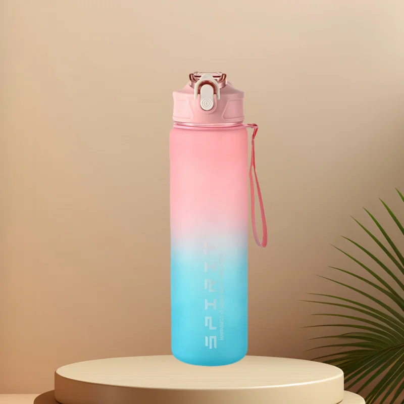 1L Sports Water Bottle with Time Marker & Straw Leakproof Flip Top Cap