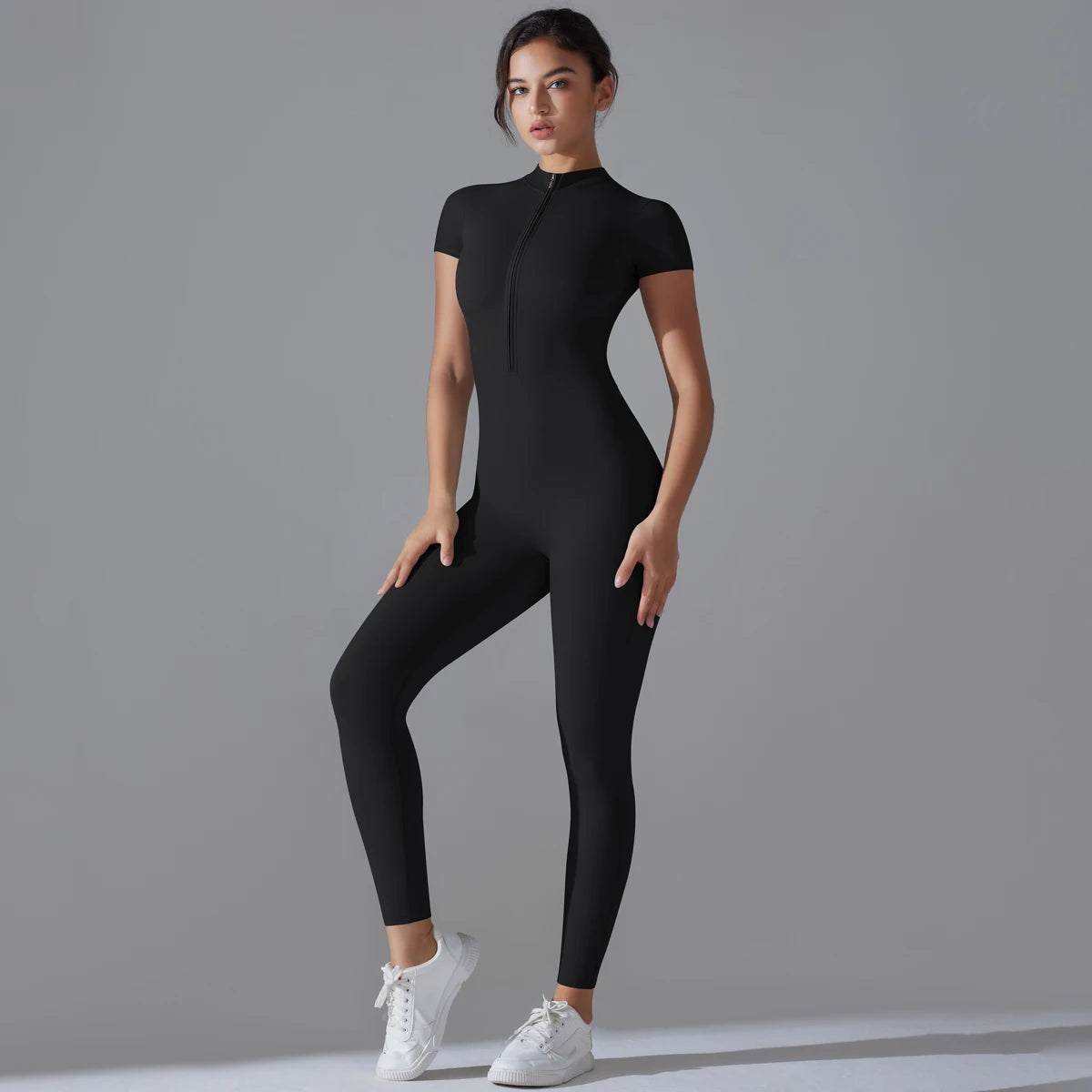 Women's Seamless Ribbed Bodysuit Short Sleeve Zipper Yoga Jumpsuit - Impact Core Fitness