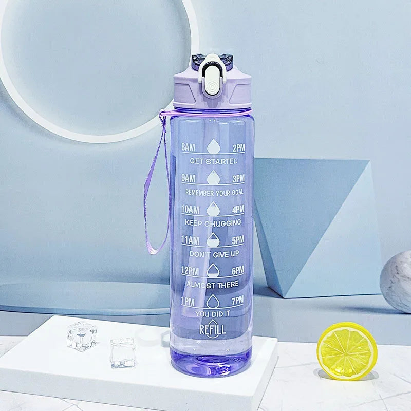 1L Sports Water Bottle with Time Marker & Straw Leakproof Flip Top Cap