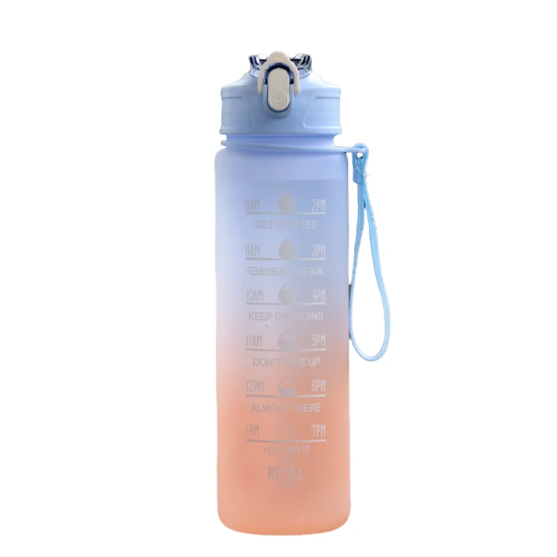 1L Sports Water Bottle with Time Marker & Straw Leakproof Flip Top Cap