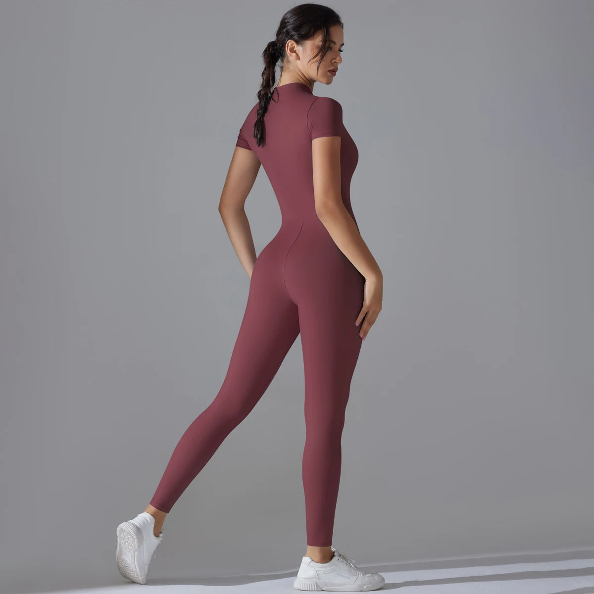 Women's Seamless Ribbed Bodysuit Short Sleeve Zipper Yoga Jumpsuit - Impact Core Fitness